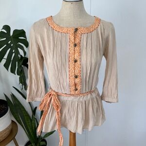 Nick & Mo Peplum Blouse Women M Beige Orange Polka Dot Trim Boho Cotton Gauze